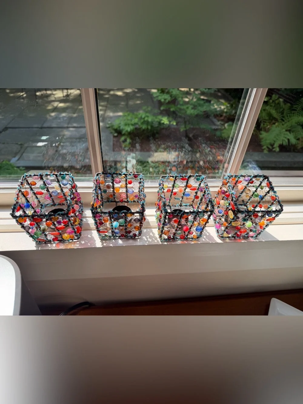 Bohemian EUC Set of 4 Handmade Multicolor Glass Beaded Candle Holders